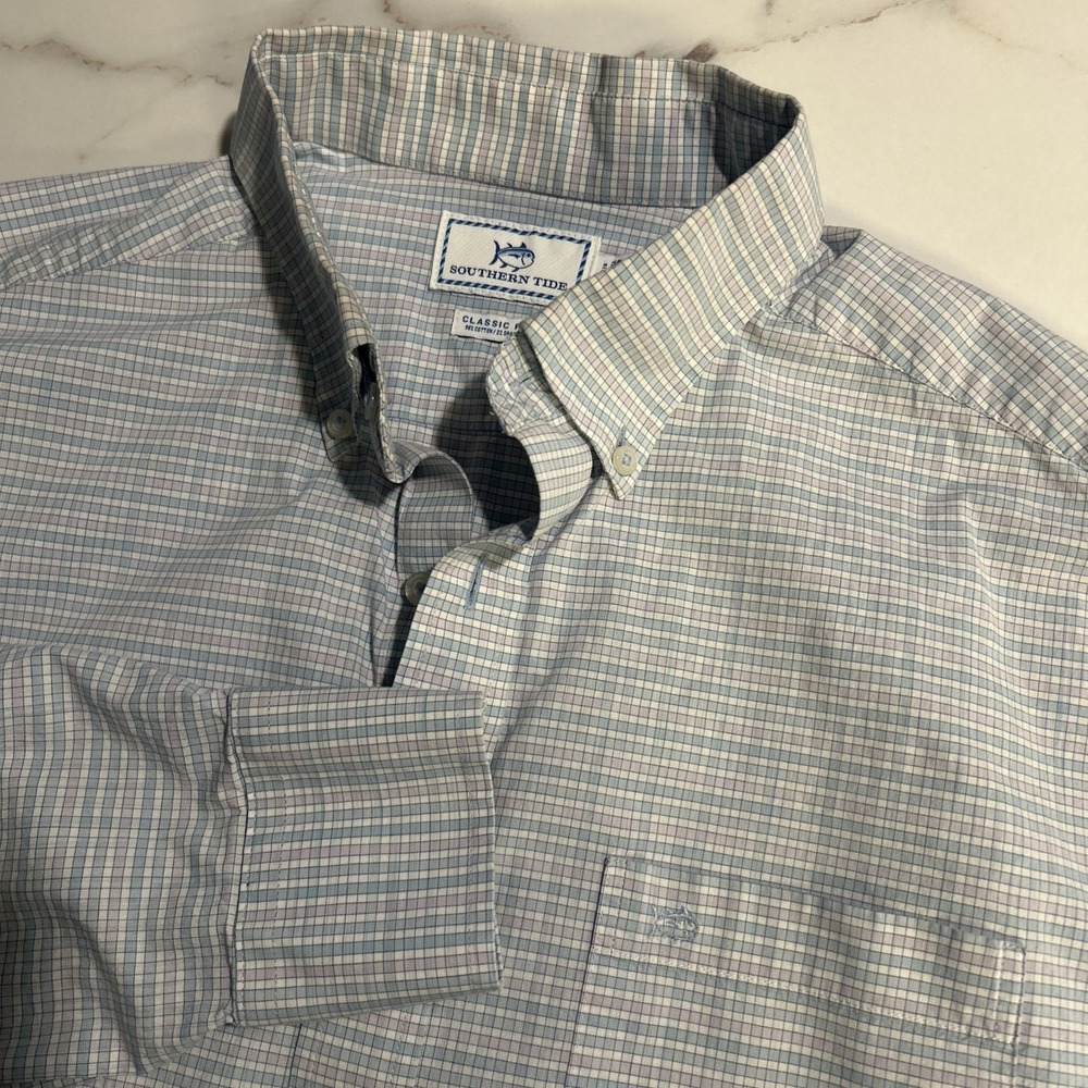 Southern Tide Men's Medium Classic Fit White Blue Pink  Long Sleeve Button Front